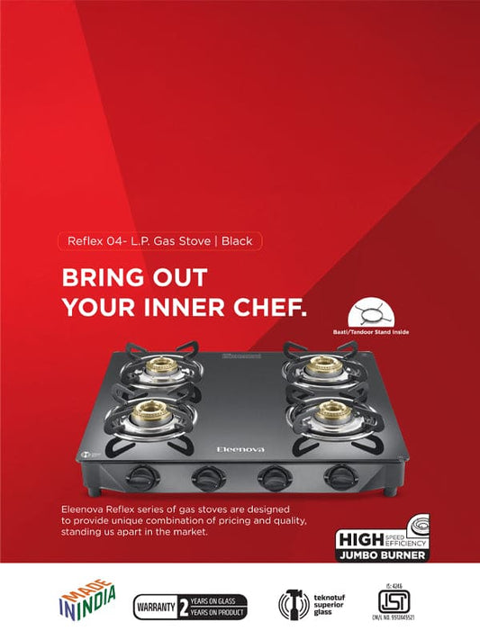 Reflex Glasstop Gas Stove With 4 Brass Burners