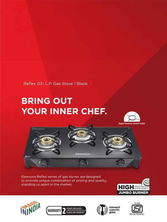 Reflex Glasstop Gas Stove With 3 Brass Burners