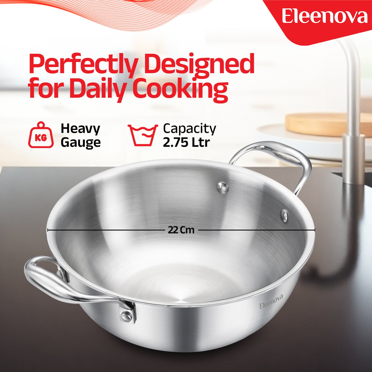 Eleenova Triply Stainless Steel Kadai/Kadhai with Lid, 2.75 Litres, 22cm/8.6 Inch, 1.31Kg, ISI Certified with Product Lifetime Warranty, Durable 3-Layer Body, 100% Toxin-Free & No Chemical Coating
