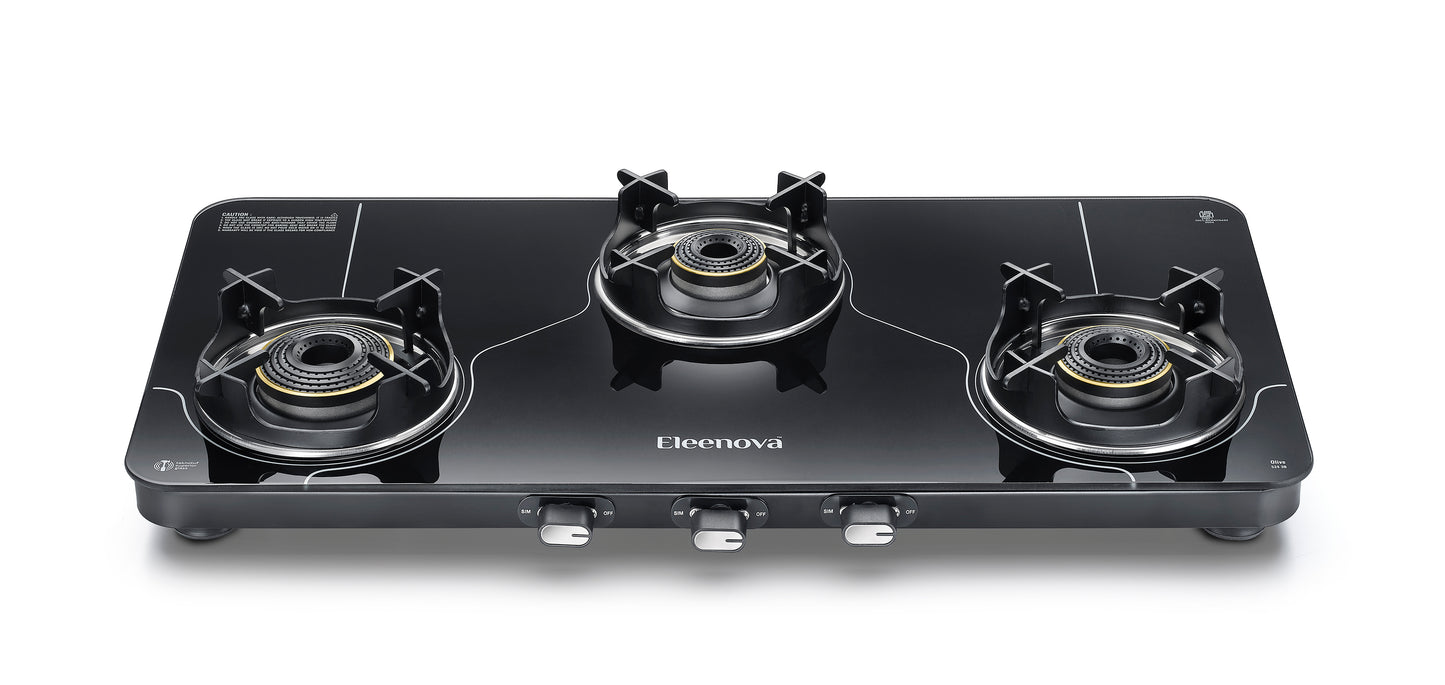 Eleenova Olive Gas Stove Range | Olive 2B, Olive Plus 2B, Olive 3B | Ultra Slim Design | Teknotuf Superior Glass | High-Speed Jumbo Burner | Premium Brass Burners | 360° Rotating Inlet Nozzle | 5 Year Glass Warranty