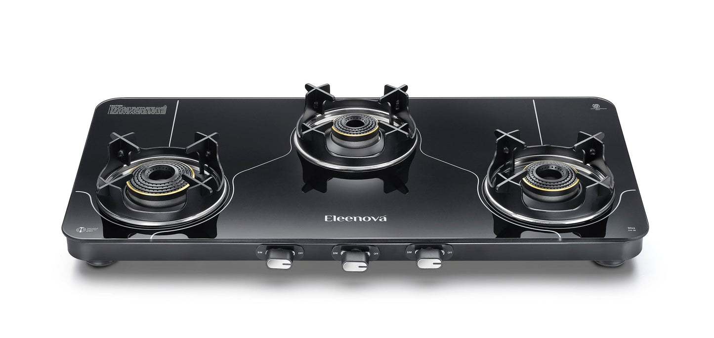 Eleenova Olive Gas Stove Range | Olive 2B, Olive Plus 2B, Olive 3B | Ultra Slim Design | Teknotuf Superior Glass | High-Speed Jumbo Burner | Premium Brass Burners | 360° Rotating Inlet Nozzle | 5 Year Glass Warranty