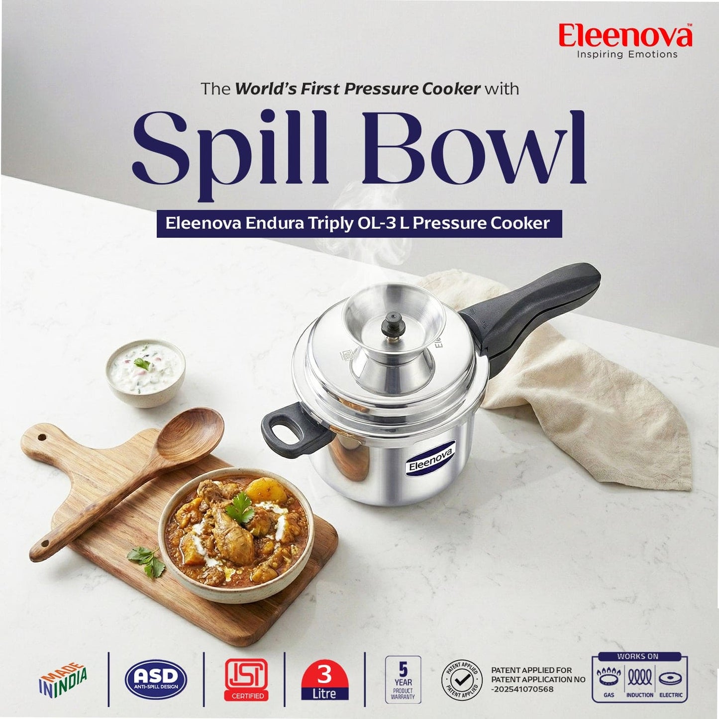 Eleenova Triply Pressure Cooker 3 L | World's First Pressure Cooker with Spill Bowl-Patent Applied | 5 Year Warranty | ISI Certified | Tri Ply Stainless Steel Body | Metallic Safety Plug | Food Safe Nitrile Gasket | Serves 3-4 People