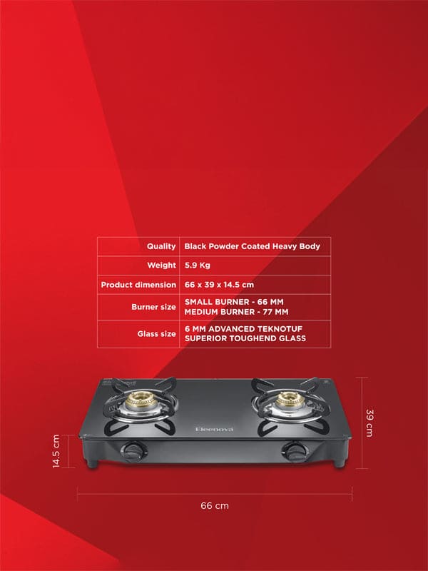 Reflex Glasstop Gas Stove With 2 Brass Burners