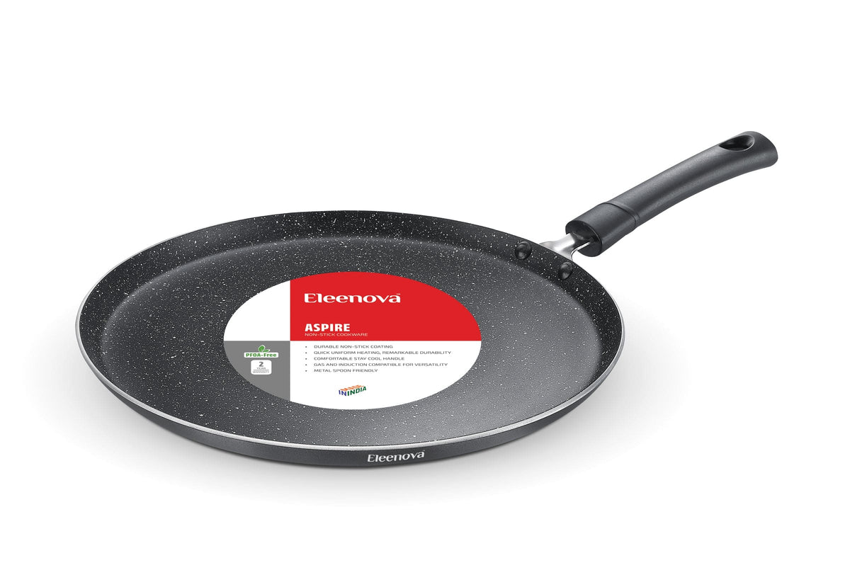 Eleenova Aspire Non-Stick Flat Tawa | 25cm, 28cm & 30cm | 5 Layer Non-Stick Coating | PFOA Free | Metal Spoon Friendly | Cool Touch Bakelite Handle | Easy to Clean | 1 Year Warranty