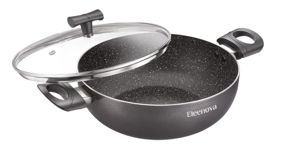 Eleenova Aspire Non-Stick Kadai with Glass Lid | 20cm, 24cm & 26cm | 5 Layer Non-Stick Coating | PFOA Free | Metal Spoon Friendly | Cool Touch Handles | Easy to Clean | 1 Year Warranty