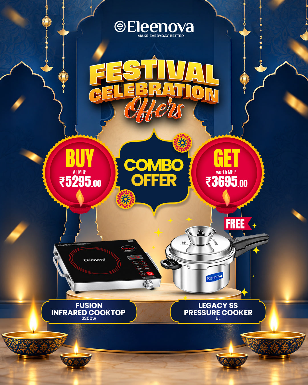 Buy Eleenova Fusion 2200W Infrared Cooktop and Get Legacy SS 5L Pressure Cooker | Festival Combo Offer-Hurry Up Offer ends Soon