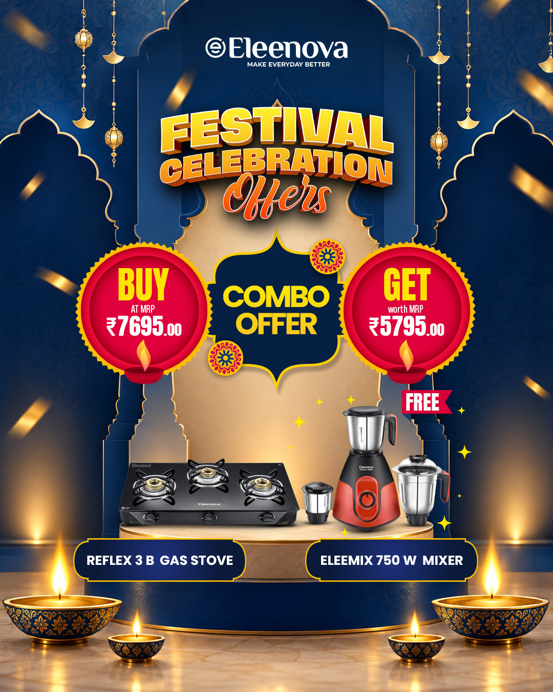 Buy Eleenova Reflex 3 Burner Gas Stove and Get FREE Eleenova Eleemix 750W Mixer Grinder | Combo Offer-Hurry Up Offer ends Soon