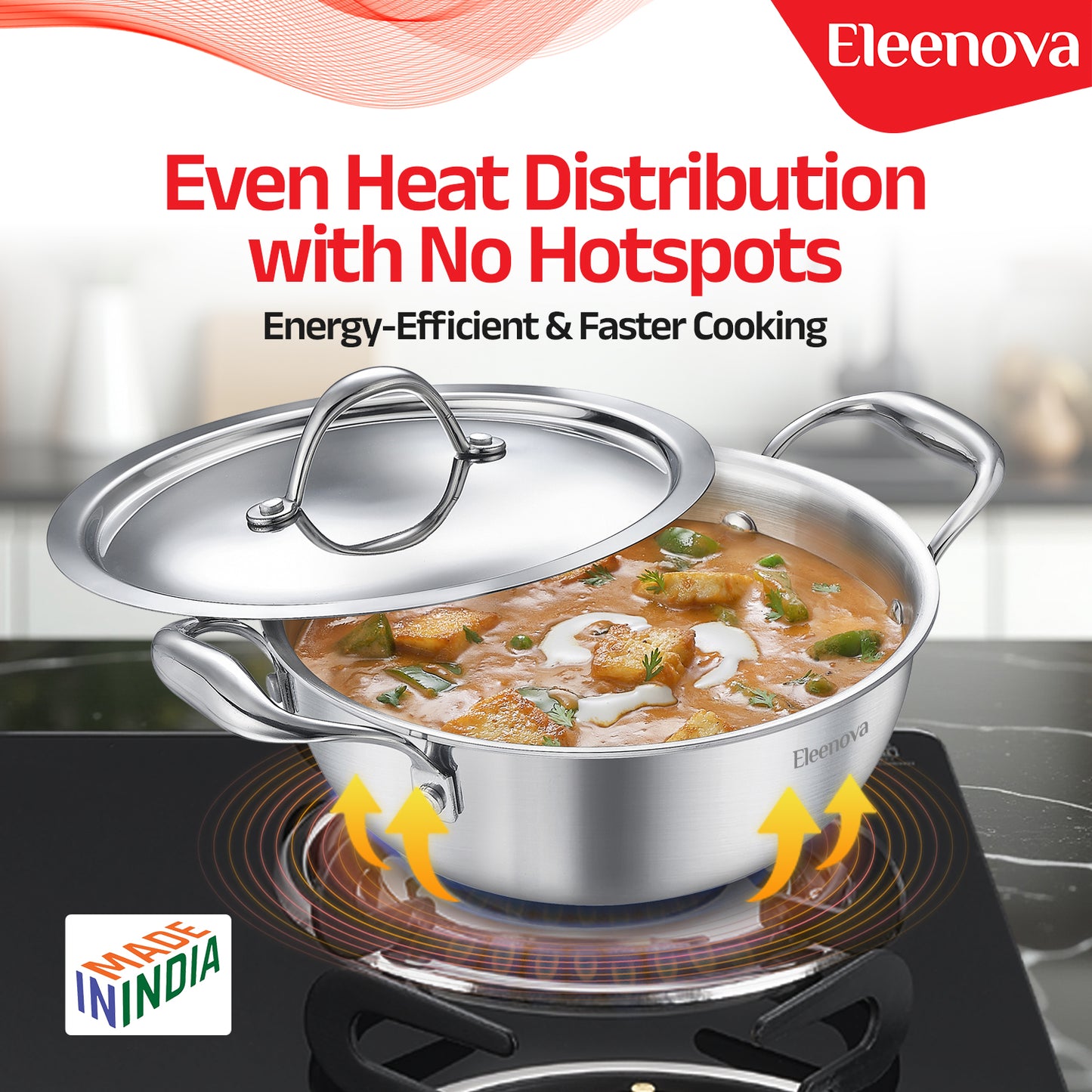 Eleenova Triply Stainless Steel Kadai/Kadhai with Lid, 3.5 Litres, 24cm/9.4 Inch, 1.61Kg, ISI Certified with Product Lifetime Warranty, Durable 3-Layer Body, 100% Toxin-Free & No Chemical Coating