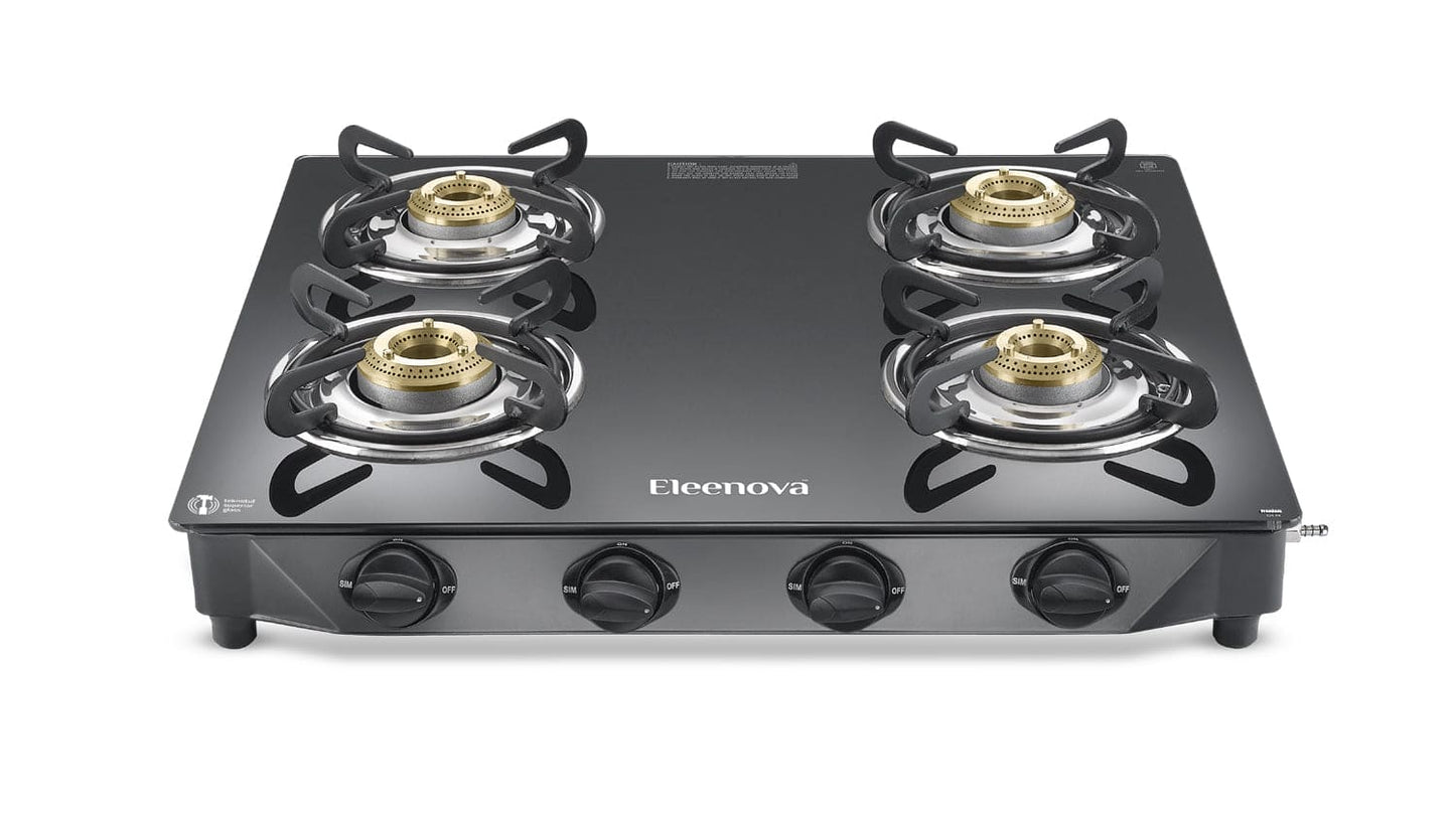 Eleenova Freedom Gas Stove | 2 Burner, 3 Burner & 4 Burner | Advanced Teknotuf Superior Glass | High-Efficiency Brass Burners | Ample Burner Space | Ergonomic Knobs | ISI Certified | 2 Year Warranty