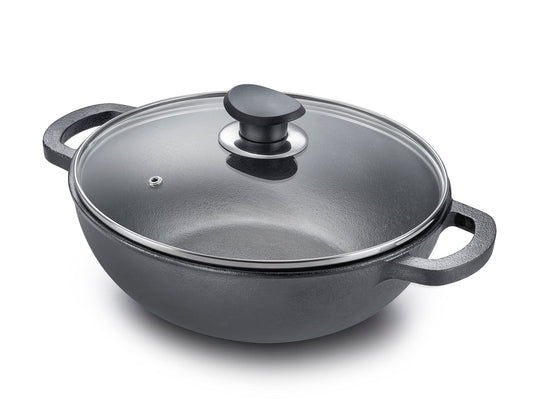 Eleenova Shakti Cast Iron Cookware - Kadai with Lid 24 cm