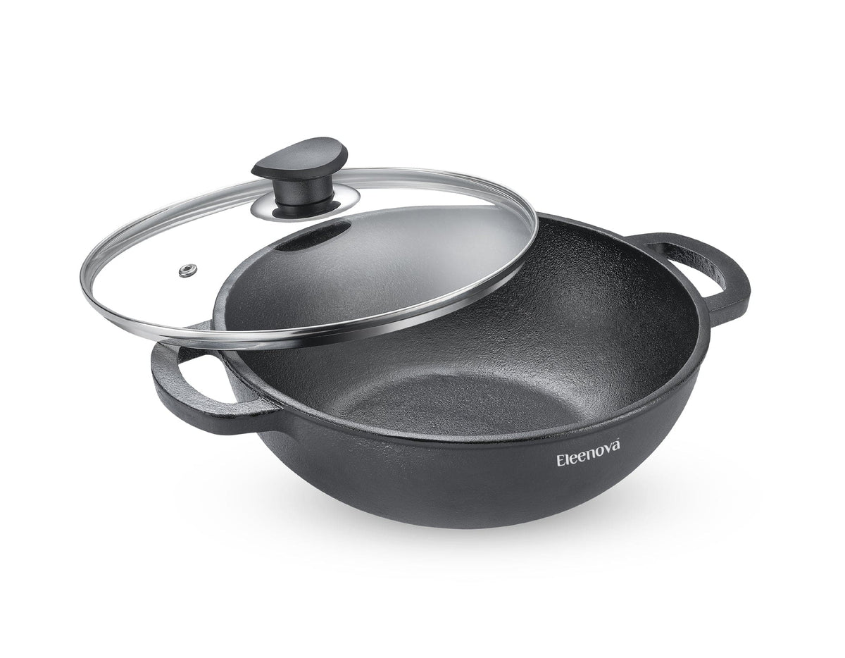 Eleenova Shakti Cast Iron Kadai with Glass Lid 24cm 2.5L | Pre-Seasoned Cookware | Gas, Induction & Electric Compatible | Chemical-Free Cooking | Even Heat Distribution | Lifetime Warranty