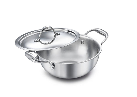 Eleenova Triply Stainless Steel Kadai/Kadhai with Lid, 2 Litres, 20cm/7.8 Inch, 1.24Kg, ISI Certified with Product Lifetime Warranty, Durable 3-Layer Body, 100% Toxin-Free & No Chemical Coating