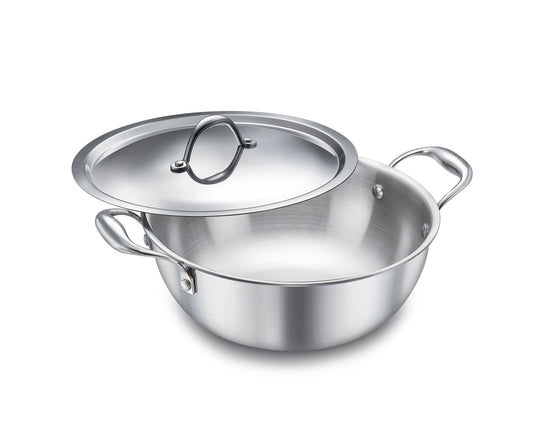Eleenova Triply Stainless Steel Kadai/Kadhai with Lid, 3.5 Litres, 24cm/9.4 Inch, 1.61Kg, ISI Certified with Product Lifetime Warranty, Durable 3-Layer Body, 100% Toxin-Free & No Chemical Coating