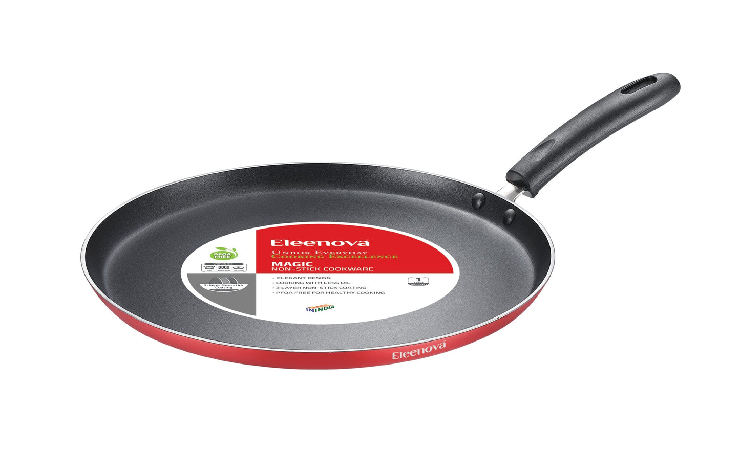 Eleenova Magic Non-Stick Flat Tawa | 25cm, 27.5cm & 30cm | 3 Layer Non-Stick Coating | PFOA Free | Metal Spoon Friendly | Cool Touch Bakelite Handle | Less Oil Cooking | Easy to Clean | 1 Year Warranty