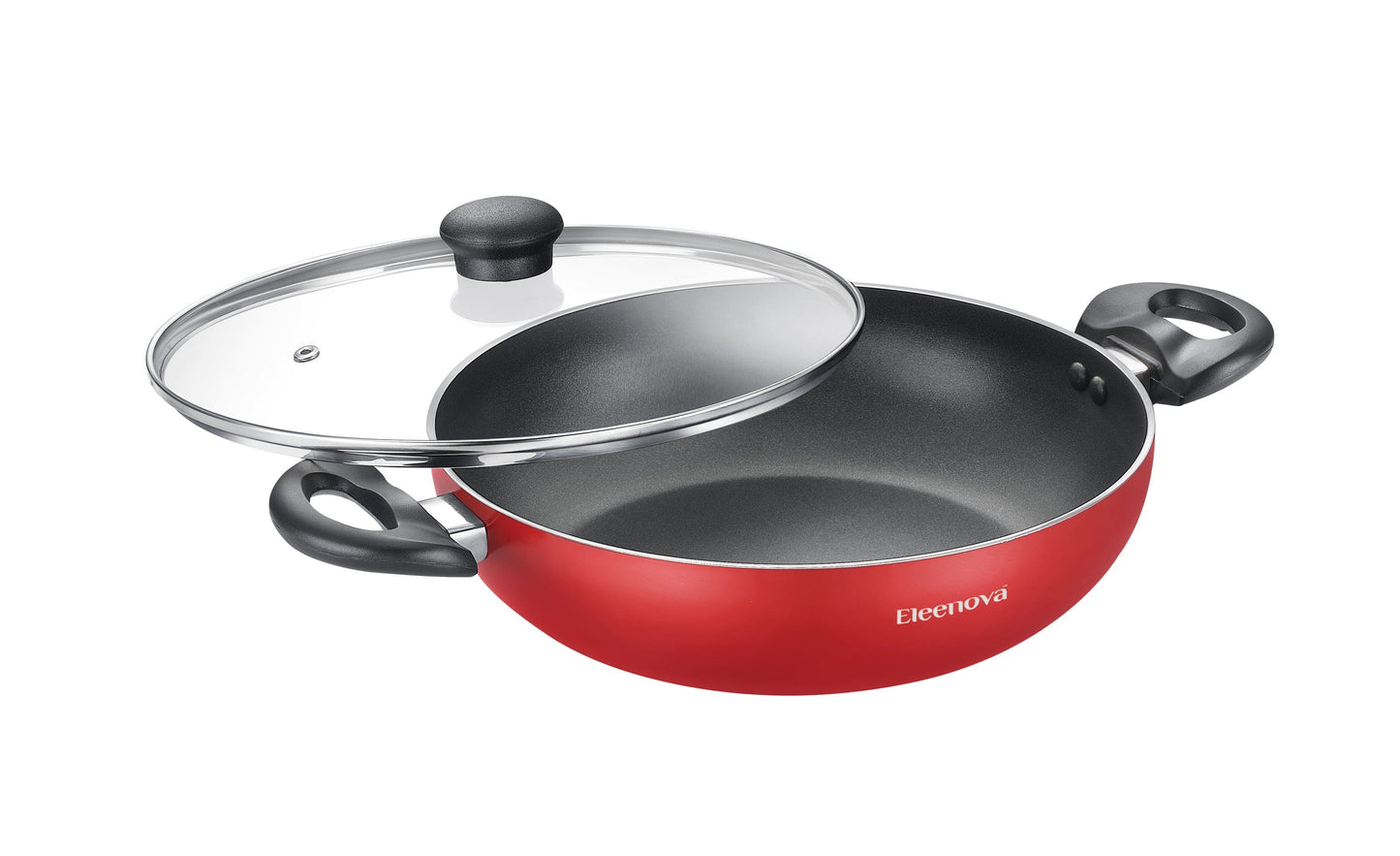 Eleenova Magic Non-Stick Kadai with Glass Lid | 20cm, 24cm & 26cm | 3 Layer Non-Stick Coating | PFOA Free | Metal Spoon Friendly | Cool Touch Handles | Easy to Clean | ISI Certified | 1 Year Warranty