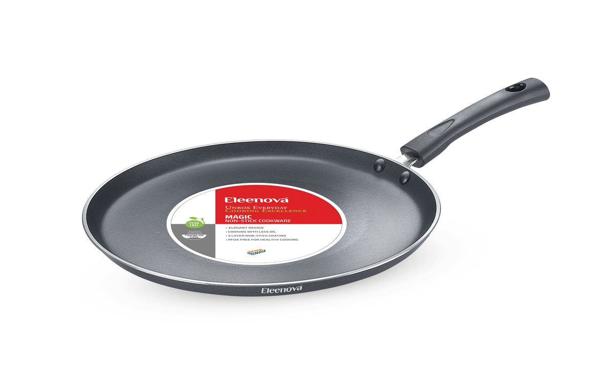 Eleenova Magic Induction Base Non-Stick Flat Tawa 28cm | 3 Layer Non-Stick Coating | PFOA Free | Metal Spoon Friendly | Cool Touch Bakelite Handle | Easy to Clean | 1 Year Warranty