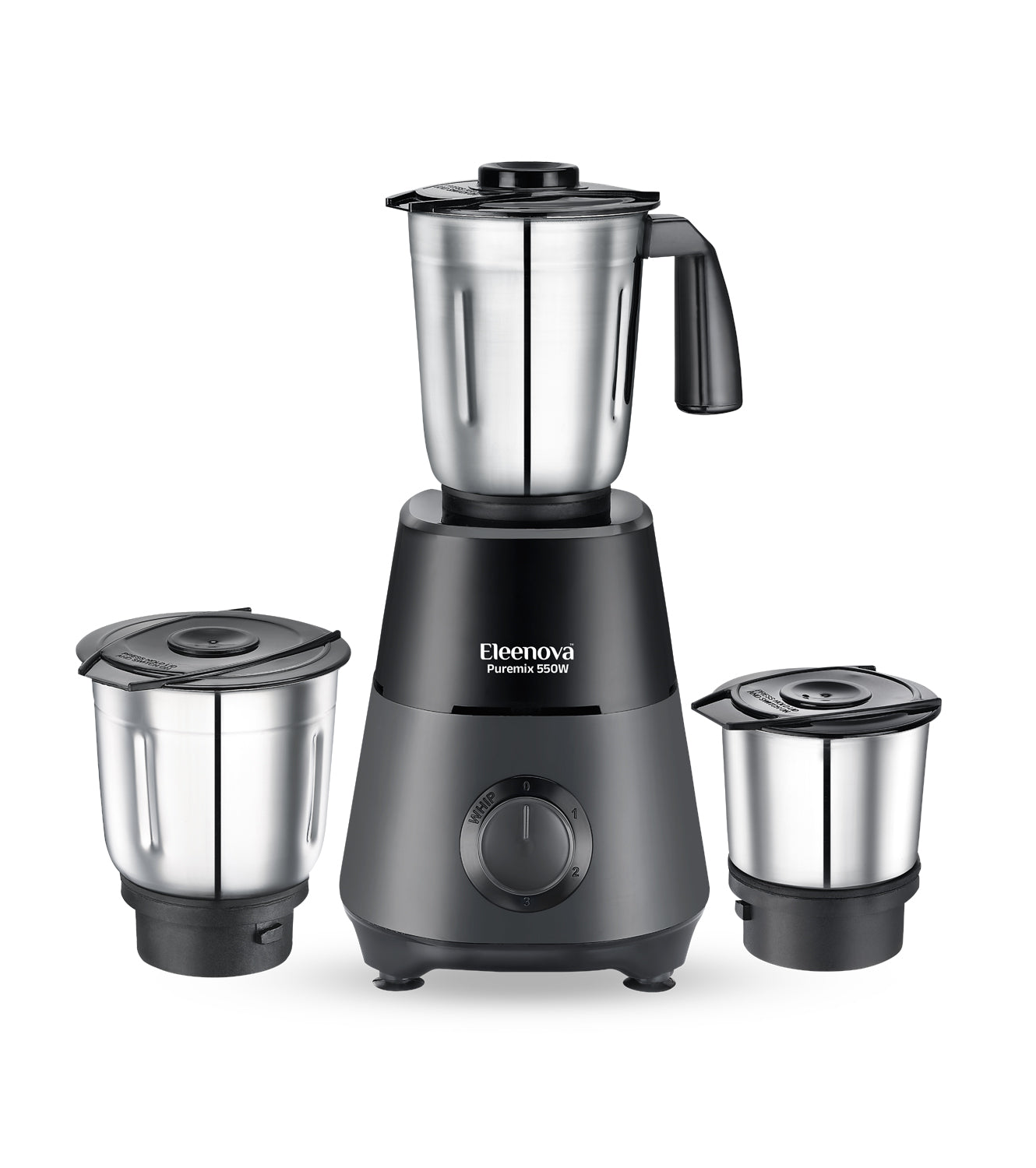 Eleenova Puremix Mixer Grinder 550W | 3 Stainless Steel Jars | Heavy-Duty Motor | Stainless Steel Blades | Durable ABS Body | Easy-Grip Handles | Overload Protection | ISI Certified | 5 Year Motor Warranty