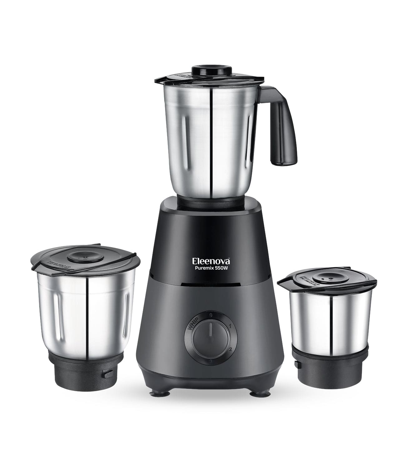 Eleenova Puremix Mixer Grinder 550W | 3 Stainless Steel Jars | Heavy-Duty Motor | Stainless Steel Blades | Durable ABS Body | Easy-Grip Handles | Overload Protection | ISI Certified | 5 Year Motor Warranty