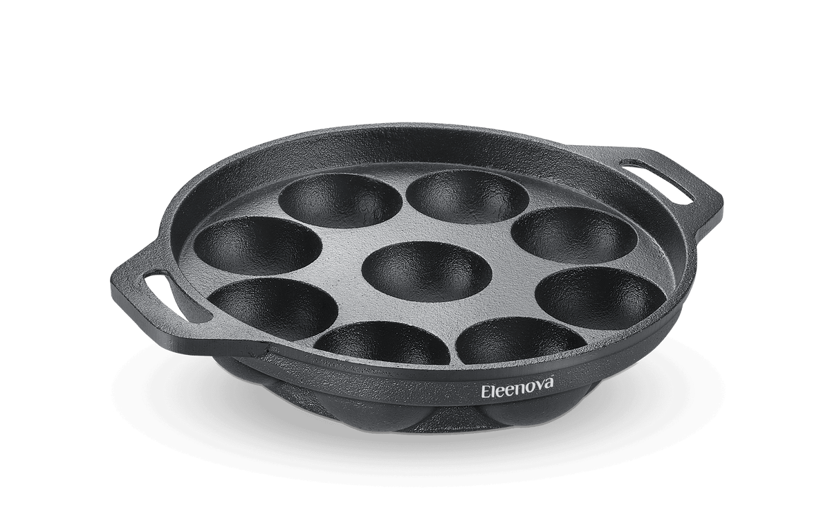 Eleenova Shakti Cast Iron Appapatra 9 Pit | Pre-Seasoned Paniyaram Pan | Gas, Induction & Electric Compatible | Chemical-Free Cooking | Even Heat Distribution | Lifetime Warranty