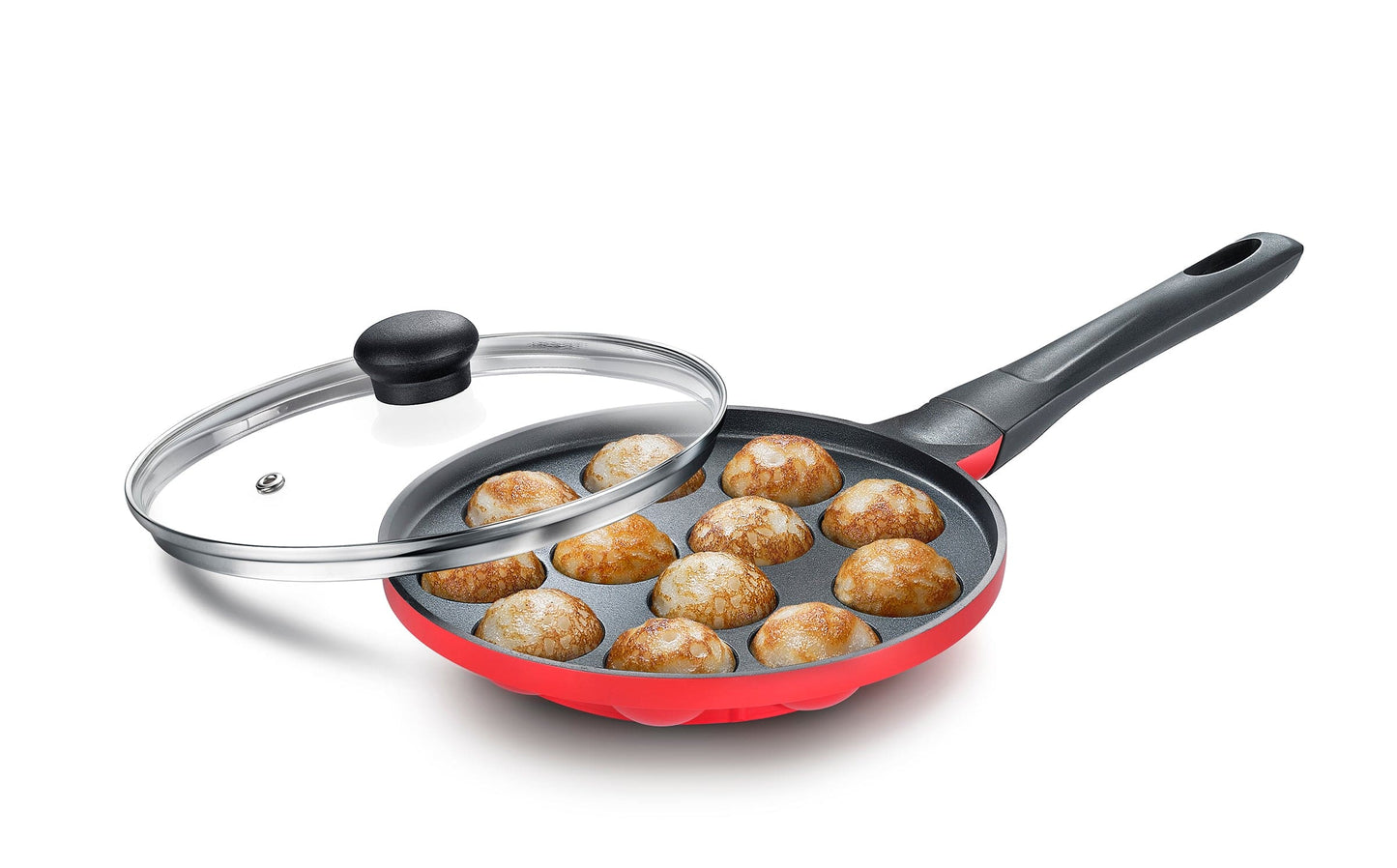 Eleenova Magic Non-Stick Paniyarakkal with Glass Lid 12 Pit | 3 Layer Non-Stick Coating | PFOA Free | Metal Spoon Friendly | Cool Touch Bakelite Handle | Easy to Clean | 1 Year Warranty