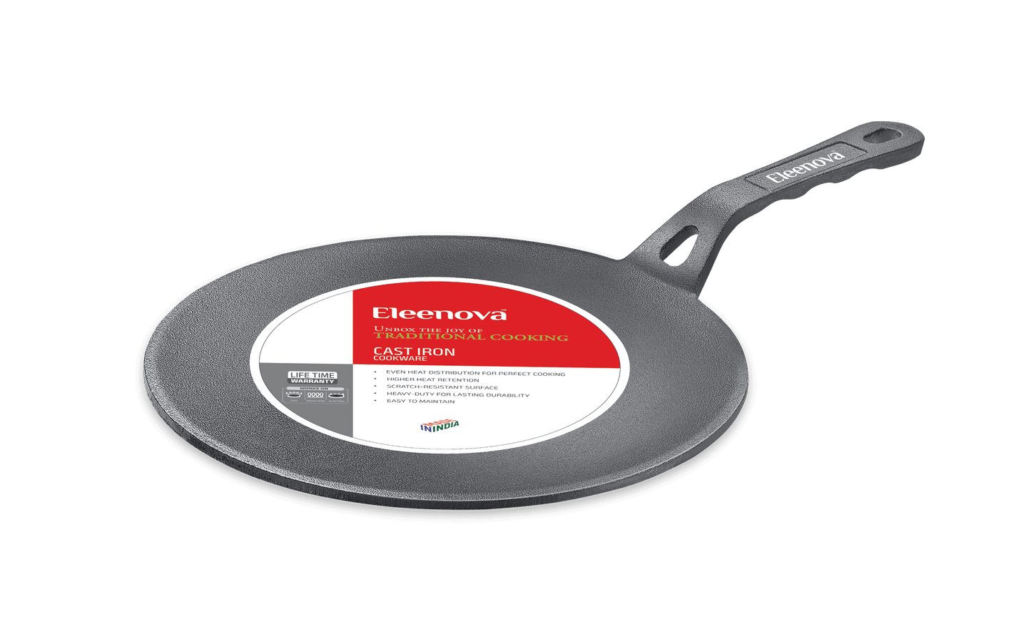 Eleenova Shakti Cast Iron Roti Tawa | 24cm | Pre-Seasoned Cookware | Gas, Induction & Electric Compatible | Chemical-Free Cooking | Even Heat Distribution | Lifetime Warranty