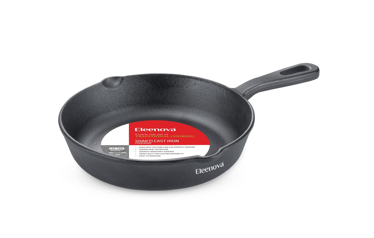 Eleenova Shakti Cast Iron Fry Pan 20cm 1.5L | Pre-Seasoned Cookware | Gas, Induction & Electric Compatible | Chemical-Free Cooking | Even Heat Distribution | Lifetime Warranty