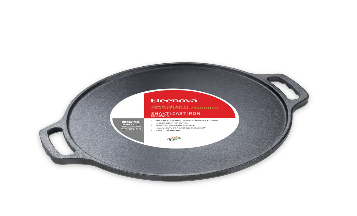 Eleenova Shakti Plus Cast Iron Dosa Tawa 30cm | Pre-Seasoned Cookware | Gas, Induction & Electric Compatible | Chemical-Free Cooking | Even Heat Distribution | Lifetime Warranty