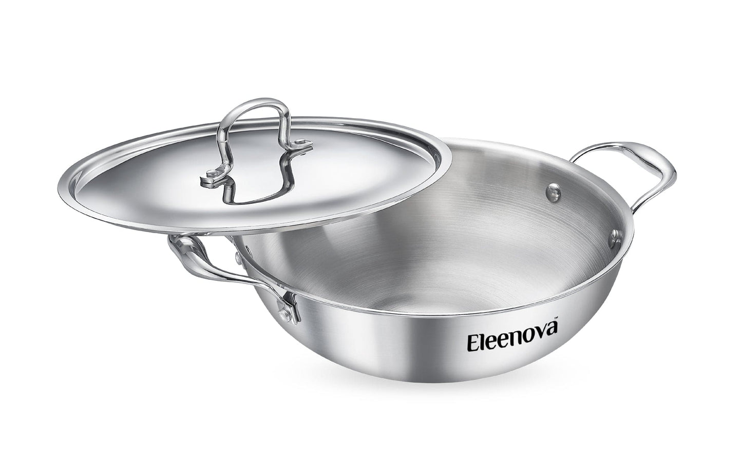 Eleenova Signature Tri-Ply Stainless Steel Kadai with SS Lid | 20cm, 22cm, 24cm & 26cm | Even Heat Distribution | Scratch-Resistant Matte Finish | Gas, Induction & Electric Compatible | Lifetime Warranty