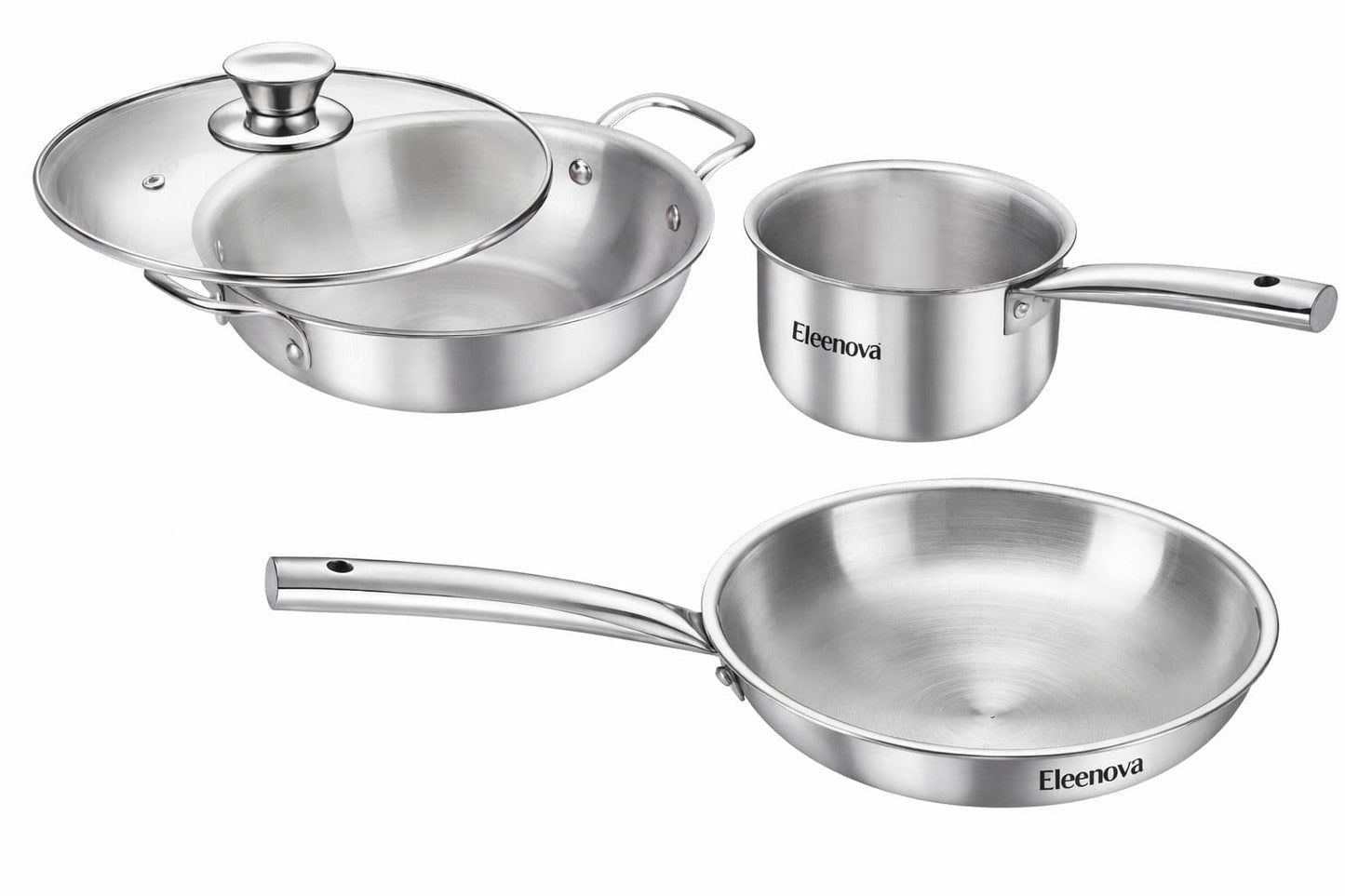 Eleenova Signature Tri-Ply 4 Piece Cookware Set | Fry Pan 22cm + Kadai 22cm with SS Lid + Sauce Pan 14cm | Even Heat Distribution | Rust-Proof Interior | Non-Reactive Surface | Gas, Induction & Electric Compatible | Lifetime Warranty
