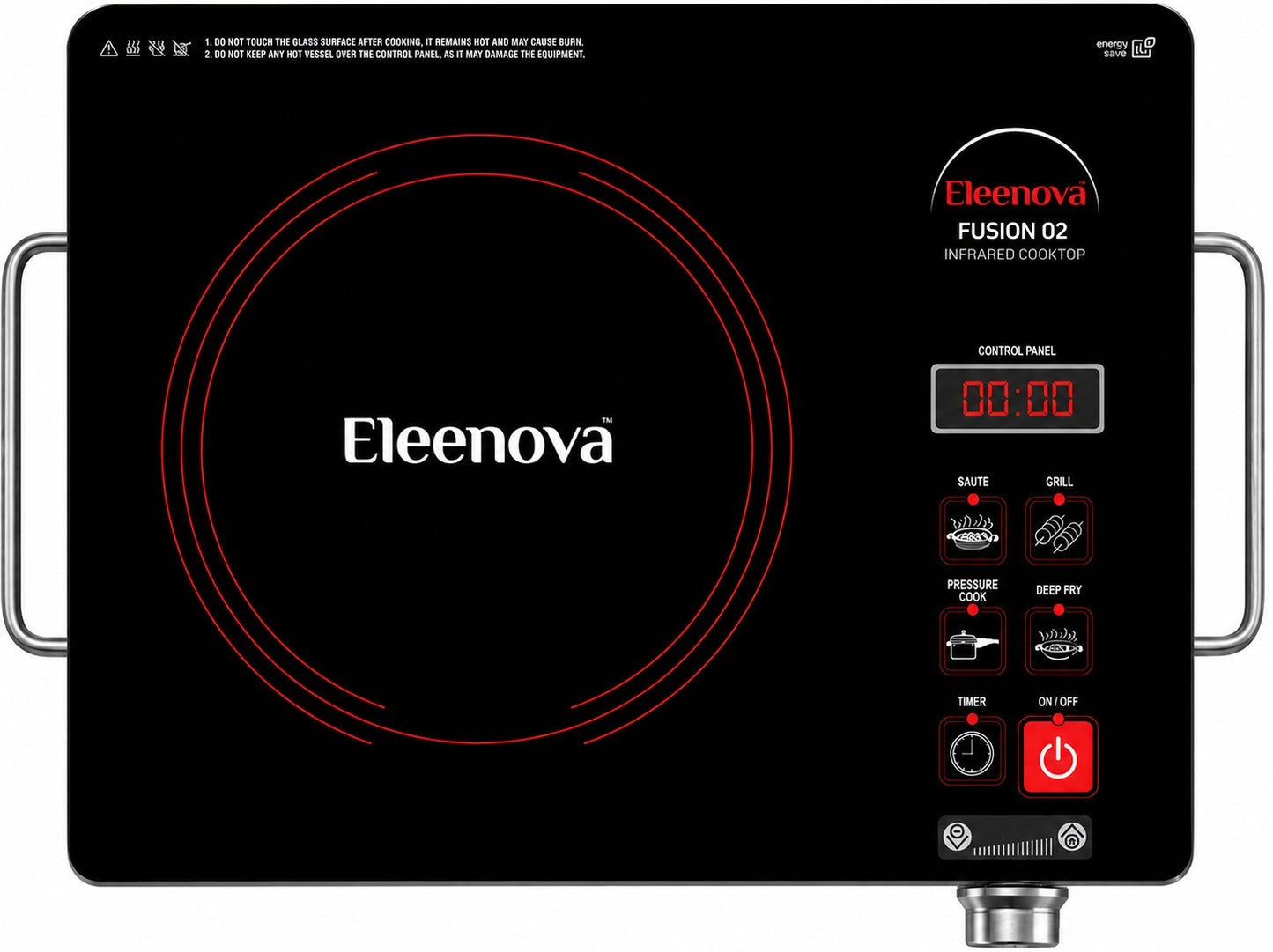 Eleenova Fusion 02 Infrared Cooktop 2200W | Premium Crystal Glass Top | Touch Control | Fast & Even Heating | Compatible with Flat-Bottom Cookware | Stainless Steel Grill Rack | Grill, Barbecue, Roast & Tandoor | 1 Year Warranty