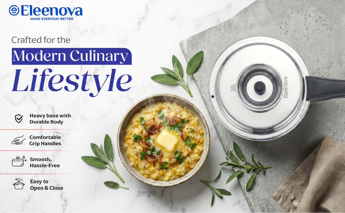 Eleenova Vintage Pressure Cooker Aluminium 5 L | World's First Pressure Cooker with Spill Bowl-- Patent Applied | 5 Year Warranty | ISI Certified | Patented Applied | Superior Quality Aluminium | Food Safe Nitrile Gasket | Serves 4-6 People