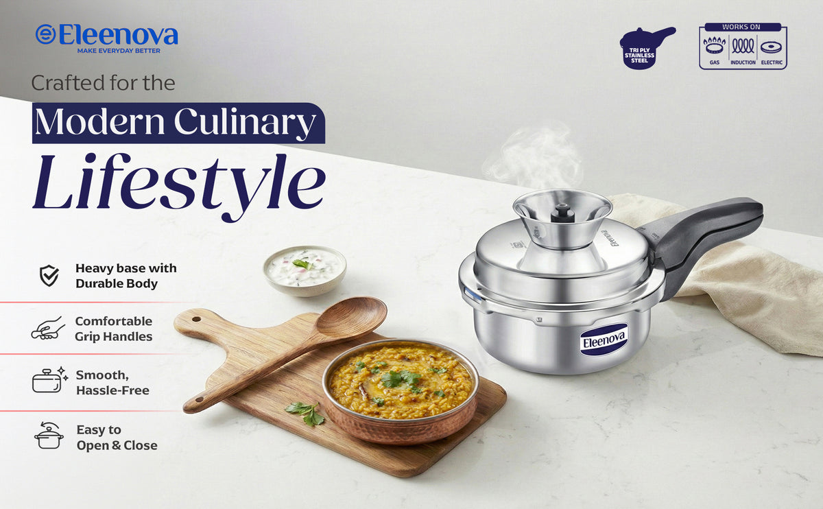 Eleenova Triply Pressure Cooker 2 L | World's First Pressure Cooker with Spill Bowl -Patent Applied | 5 Year Warranty | ISI Certified | Tri Ply Stainless Steel Body | Metallic Safety Plug | Food Safe Nitrile Gasket | Serves 2-3 People
