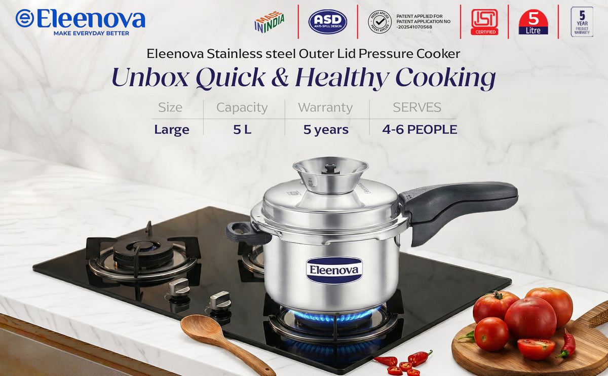 Eleenova Stainless Steel Pressure Cooker 5 L | World's First Pressure Cooker with Spill Bowl - Patent Applied | 5 Year Warranty | ISI Certified | High Quality Stainless Steel | Metallic Safety Plug| Food Safe Nitrile Gasket | Serves 4-6 People