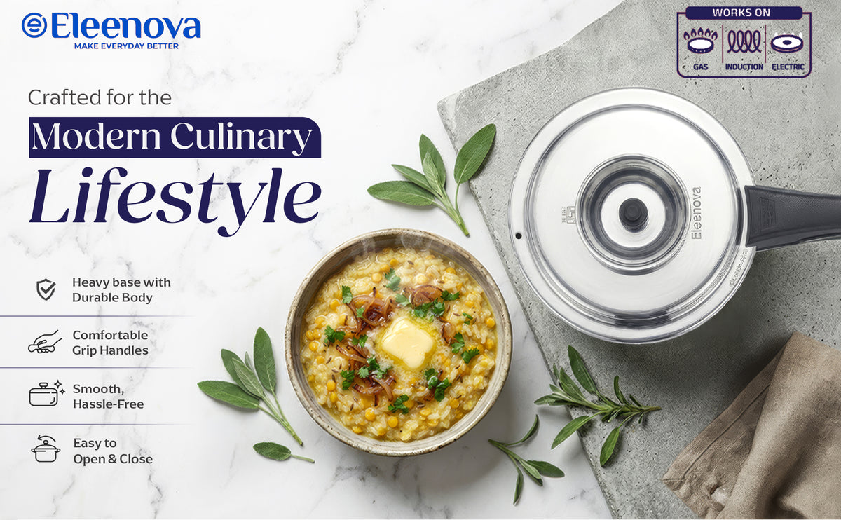 Eleenova Stainless Steel Pressure Cooker 2 L | World's First Pressure Cooker with Spill Bowl - Patent Applied | 5 Year Warranty | ISI Certified| High Quality Stainless Steel | Metallic Safety Plug | Food Safe Nitrile Gasket | Serves 2-3 People