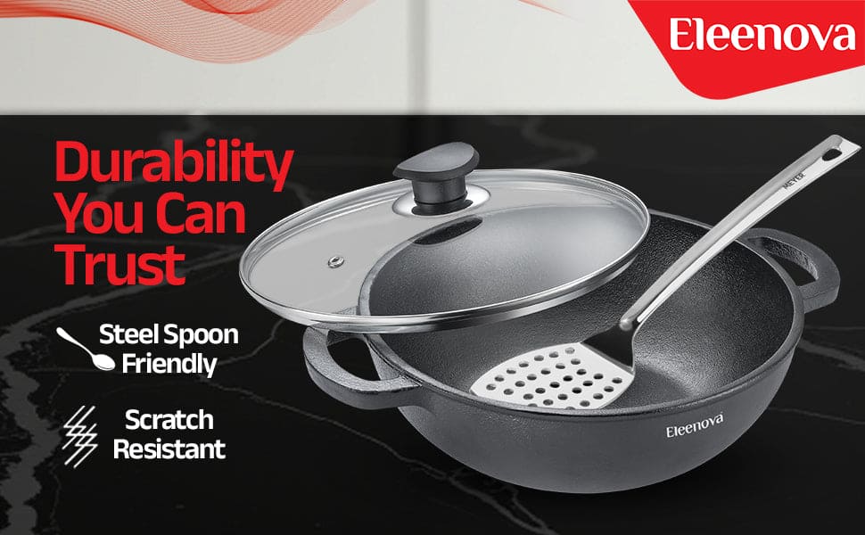 Eleenova Shakti Cast Iron Cookware - Kadai with Lid 24 cm