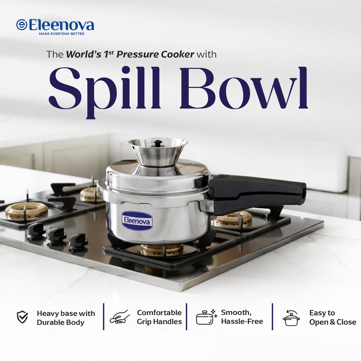 Eleenova Stainless Steel Pressure Cooker 2 L | World's First Pressure Cooker with Spill Bowl - Patent Applied | 5 Year Warranty | ISI Certified| High Quality Stainless Steel | Metallic Safety Plug | Food Safe Nitrile Gasket | Serves 2-3 People