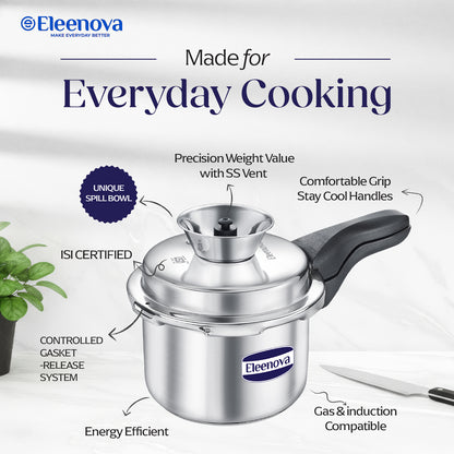 Eleenova Stainless Steel Pressure Cooker 3 L | World's First Pressure Cooker with Spill Bowl- Patent Applied | 5 Year Warranty | ISI Certified | High Quality Stainless Steel | Metallic Safety Plug | Food Safe Nitrile Gasket | Serves 3-4 People