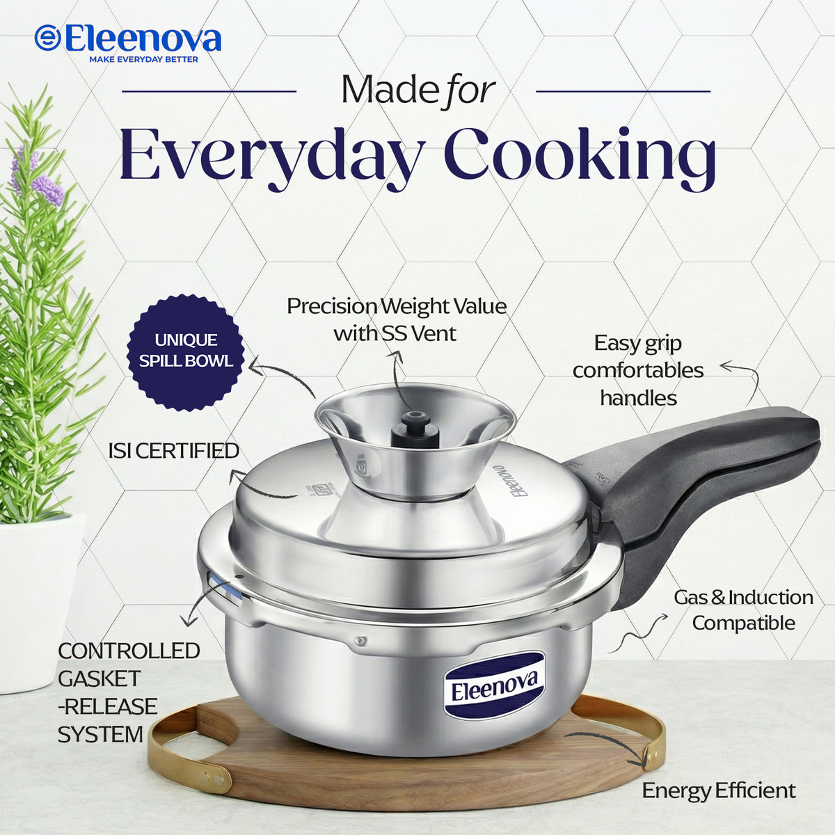 Eleenova Triply Pressure Cooker 2 L | World's First Pressure Cooker with Spill Bowl -Patent Applied | 5 Year Warranty | ISI Certified | Tri Ply Stainless Steel Body | Metallic Safety Plug | Food Safe Nitrile Gasket | Serves 2-3 People