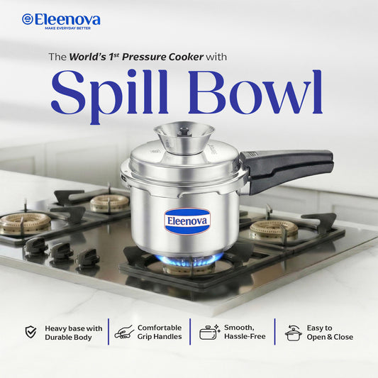 Eleenova Vintage Aluminium Pressure Cooker -3 L | World's First Pressure Cooker with Spill Bowl- Patent Applied | 5 Year Warranty | ISI Certified | Patented Applied | Superior Quality Aluminium | Food Safe Nitrile Gasket | Serves 3-4 People