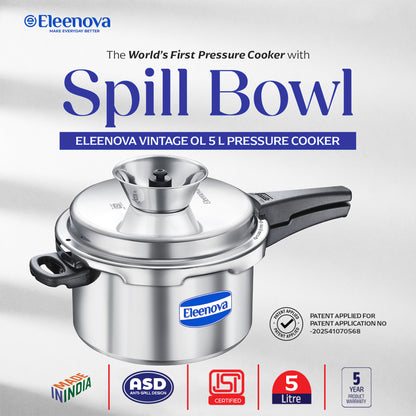 Eleenova Vintage  Pressure Cooker Aluminium 5 L | World's First Pressure Cooker with Spill Bowl-- Patent Applied | 5 Year Warranty | ISI Certified | Patented Applied | Superior Quality Aluminium | Food Safe Nitrile Gasket | Serves 4-6 People