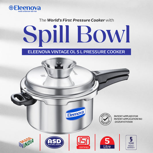Eleenova Vintage  Pressure Cooker Aluminium 5 L | World's First Pressure Cooker with Spill Bowl-- Patent Applied | 5 Year Warranty | ISI Certified | Patented Applied | Superior Quality Aluminium | Food Safe Nitrile Gasket | Serves 4-6 People