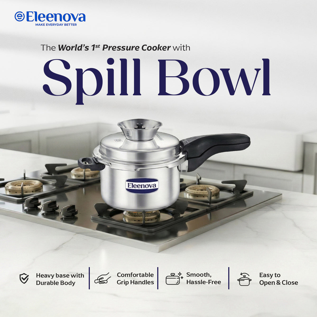 Eleenova Stainless Steel Pressure Cooker 5 L | World's First Pressure Cooker with Spill Bowl - Patent Applied | 5 Year Warranty | ISI Certified | High Quality Stainless Steel | Metallic Safety Plug| Food Safe Nitrile Gasket | Serves 4-6 People