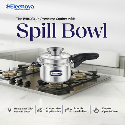 Eleenova Stainless Steel Pressure Cooker 5 L | World's First Pressure Cooker with Spill Bowl - Patent Applied | 5 Year Warranty | ISI Certified | High Quality Stainless Steel | Metallic Safety Plug| Food Safe Nitrile Gasket | Serves 4-6 People