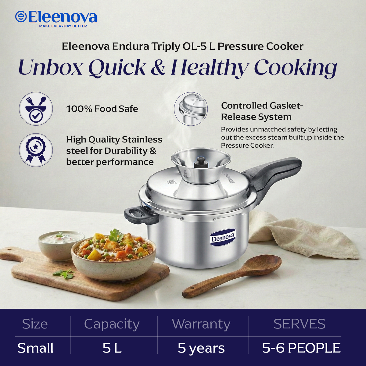 Eleenova Triply Pressure Cooker 5 L | World's First Pressure Cooker with Spill Bowl-Patent Applied | 5 Year Warranty | ISI Certified| Tri Ply Stainless Steel Body | Metallic Safety Plug| Food Safe Nitrile Gasket | Serves 4-6 People
