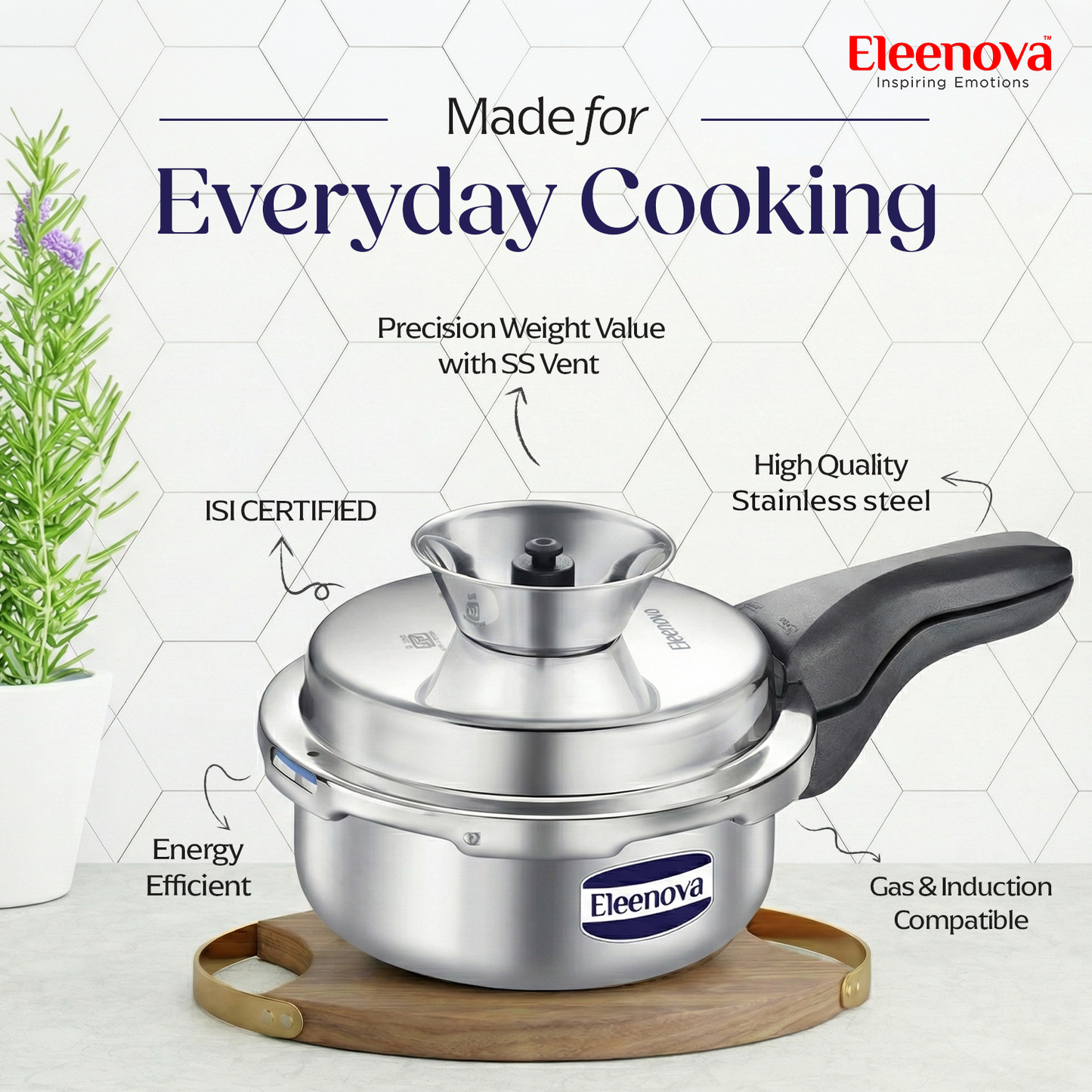 Eleenova Triply Pressure Cooker 2 L | World's First Pressure Cooker with Spill Bowl -Patent Applied | 5 Year Warranty | ISI Certified | Tri Ply Stainless Steel Body | Metallic Safety Plug | Food Safe Nitrile Gasket | Serves 2-3 People