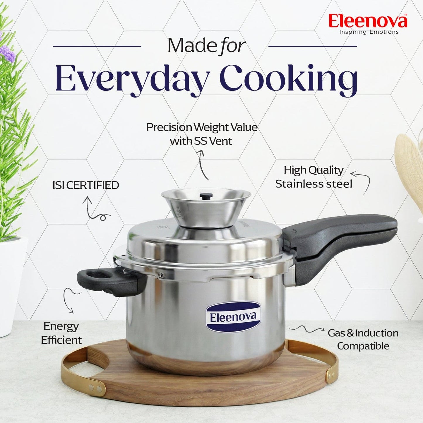Eleenova Triply Pressure Cooker 3 L | World's First Pressure Cooker with Spill Bowl-Patent Applied  | 5 Year Warranty | ISI Certified | Tri Ply Stainless Steel Body | Metallic Safety Plug | Food Safe Nitrile Gasket | Serves 3-4 People