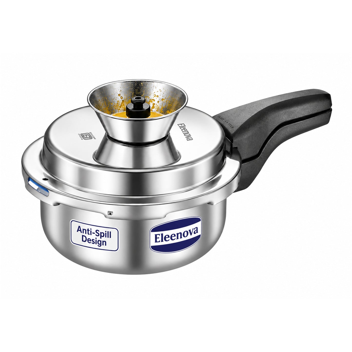 Eleenova Triply Pressure Cooker 2 L | World's First Pressure Cooker with Spill Bowl -Patent Applied | 5 Year Warranty | ISI Certified | Tri Ply Stainless Steel Body | Metallic Safety Plug | Food Safe Nitrile Gasket | Serves 2-3 People