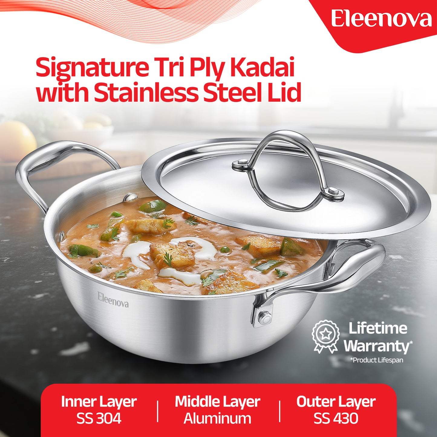 Eleenova Triply Stainless Steel Kadai/Kadhai with Lid, 3.5 Litres, 24cm/9.4 Inch, 1.61Kg, ISI Certified with Product Lifetime Warranty, Durable 3-Layer Body, 100% Toxin-Free & No Chemical Coating