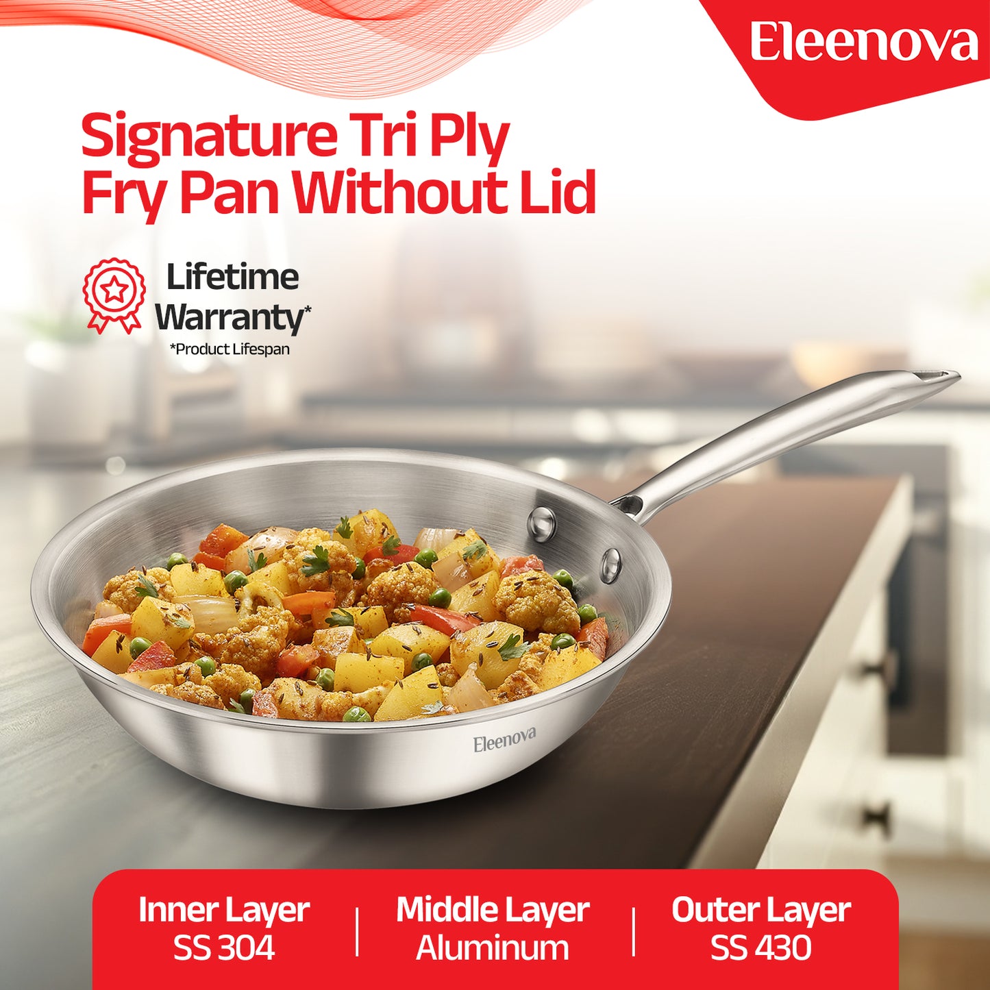 Eleenova Signature Tri Ply Fry Pan - 1 Liter | 1.5 Liter | 2 Liter