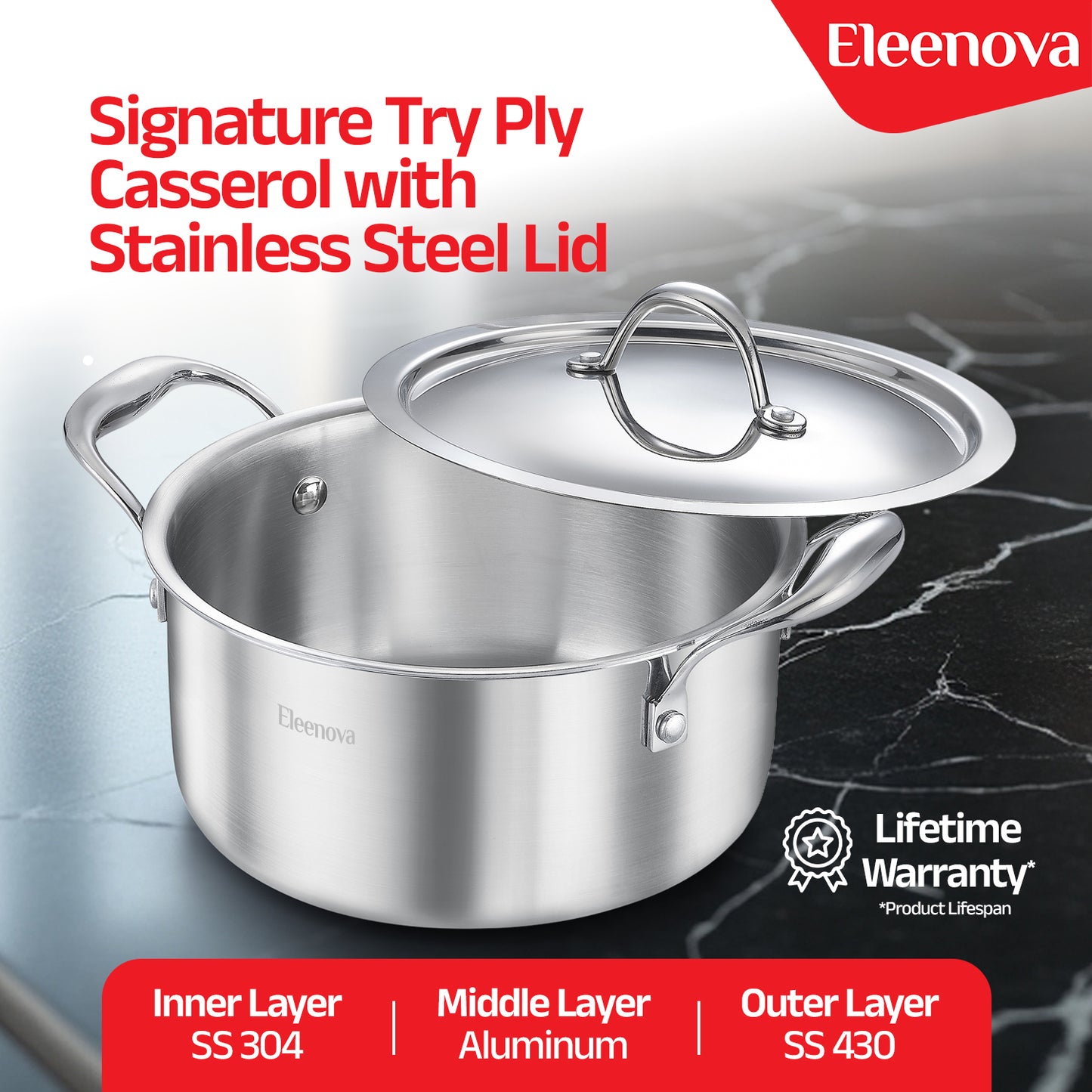 Eleenova Triply Stainless Steel Casserole with Lid, ISI Certified with Product Lifetime Warranty, Durable 3-Layer Body, 100% Toxin-Free & No Chemical Coating